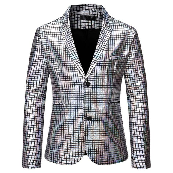Herrnalise Jackets for Men Casual Slim Fit Long Sleeve Two Button Suit Contrast Blazer Silver