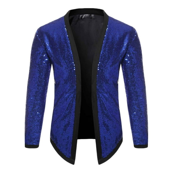 Herrnalise Jackets for Men Casual Solid Long Sleeve Sequin Dance Dress Cardigan Jacket Blue