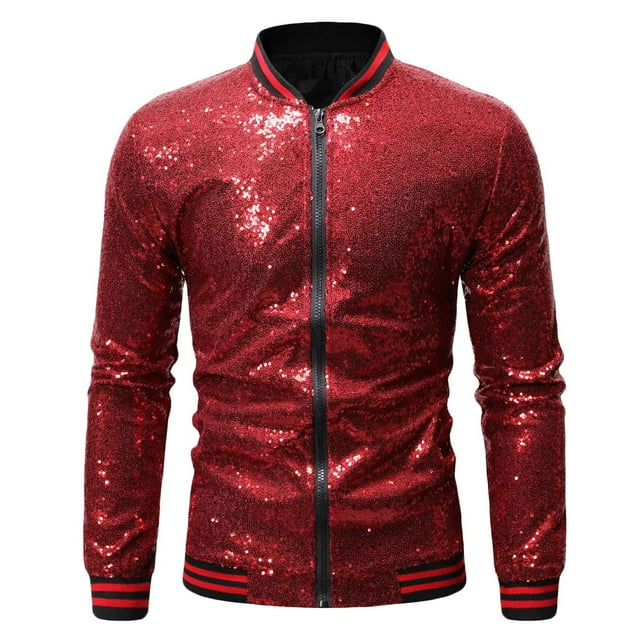 Herrnalise Jackets for Men Casual Solid Standing Collar Long Sleeve Sequin Dance Dress Zip Ja Burgundy
