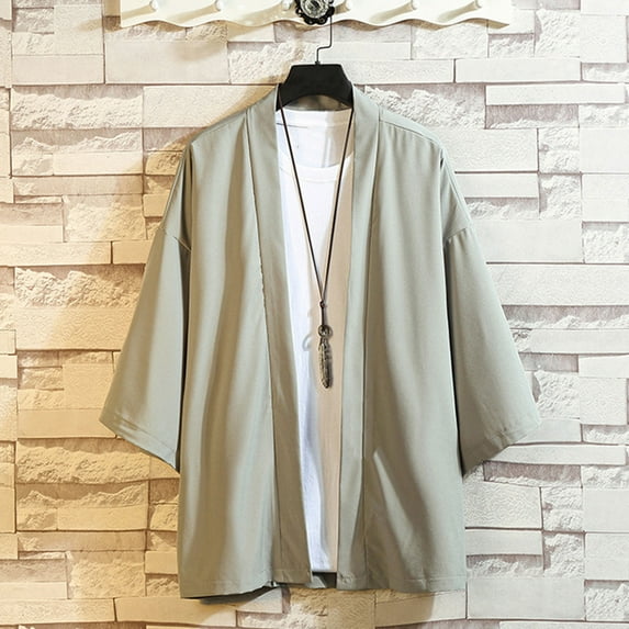 Herrnalise Jackets for Men Kimono Jackets Cardigan Lightweight Casual Cotton Blends Linen Seven Sleeves Open Front Solid Coat Outwear Green