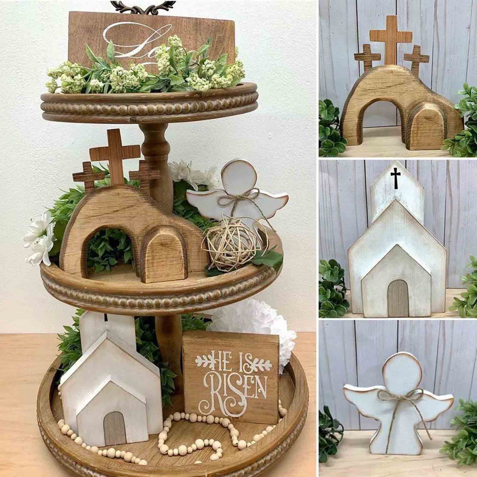 Herrnalise Jesus Tomb Easter Tiered Tray Bundle DecorHe isRisenResurrection Scene Nativity Christ Statue WoodenRustic FarmhouseHoliday Ornament forHolidayHome Table Decor Wood