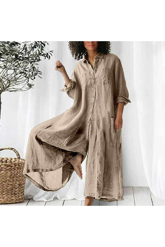 Jumpsuits for Women Summer DressyLoose Cotton Linen Sets 3/4 Sleeve Square Neck Pleated One Piece Romper Overalls Zipper JumpsuitsKhaki