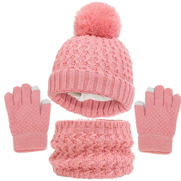 Herrnalise Kids Winter Beanie Hat Scarf Gloves Set Pompom Toddler Warm Knit Cap Mittens Fleece Lined Neck Warmer for Boys Girls