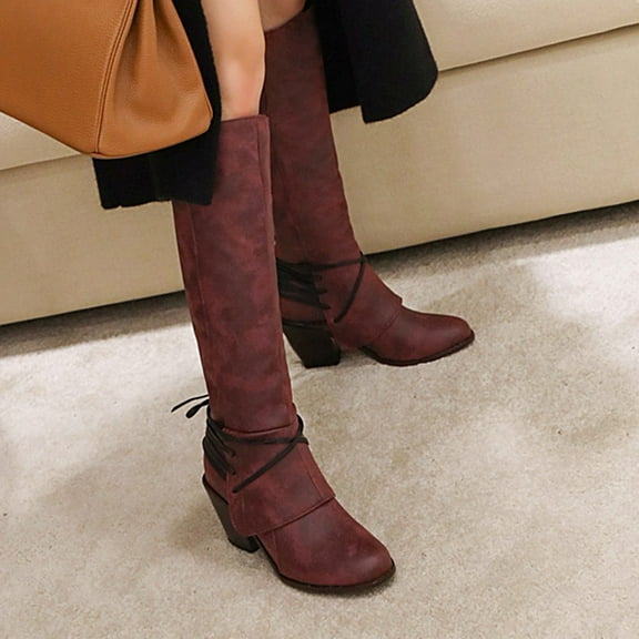 Herrnalise Large Size Women's Boots With Thick Heel British High Lace-Up Knight Boots Clearance