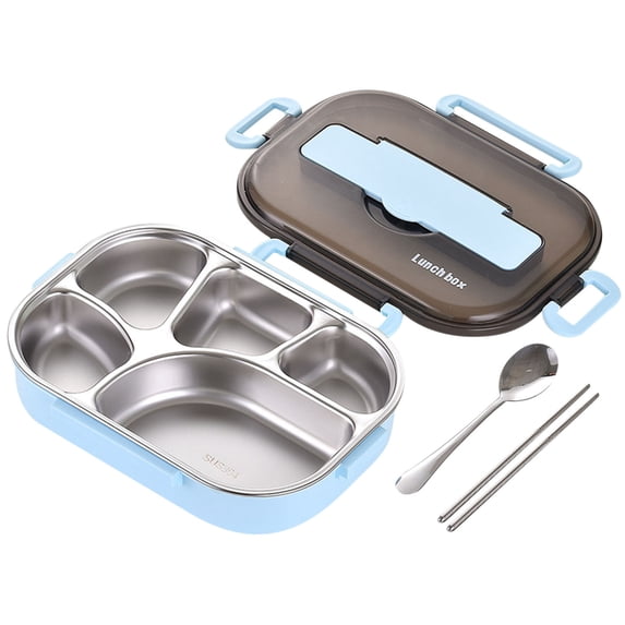 Herrnalise Large Stainless Steel Lunch Container - Five Section Design Holds a Variety of Foods - Metal Bento Box - Dishwasher Safe - Plastic Lid - Stainless Steel