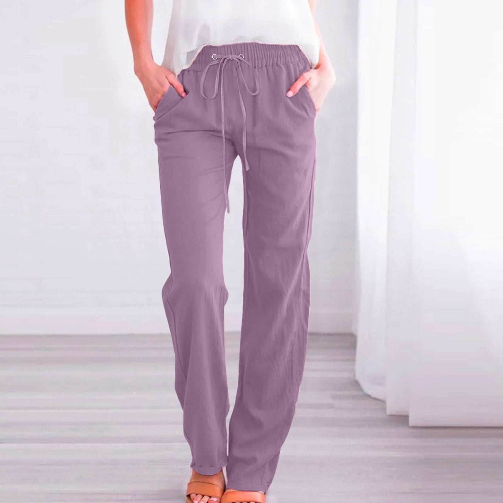 Herrnalise Linen Pants for Women Casual Loose Straight Elastic Waist Pants  with Pockets