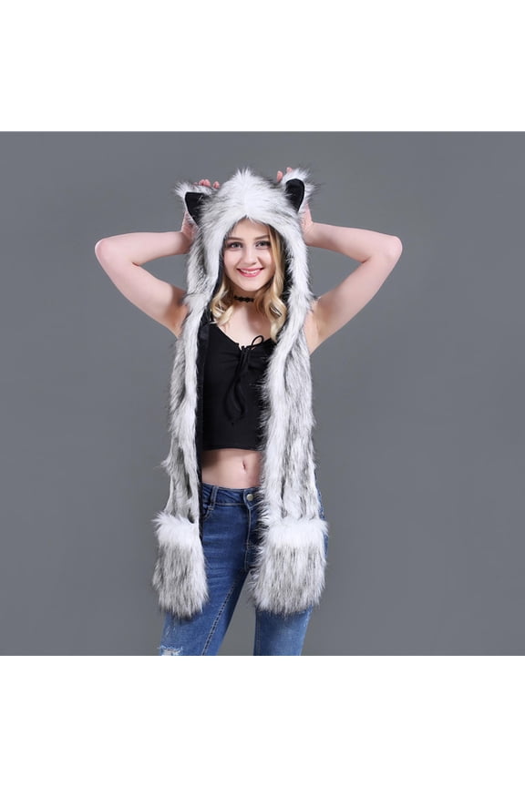Male Female Faux Animal Hood Cap Mittens Ears Cartoon Hat Gloves Scarf Pocket