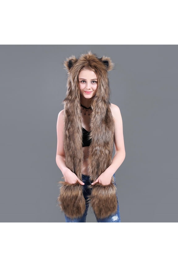 Male Female Faux Animal Hood Cap Mittens Ears Cartoon Hat Gloves Scarf Pocket