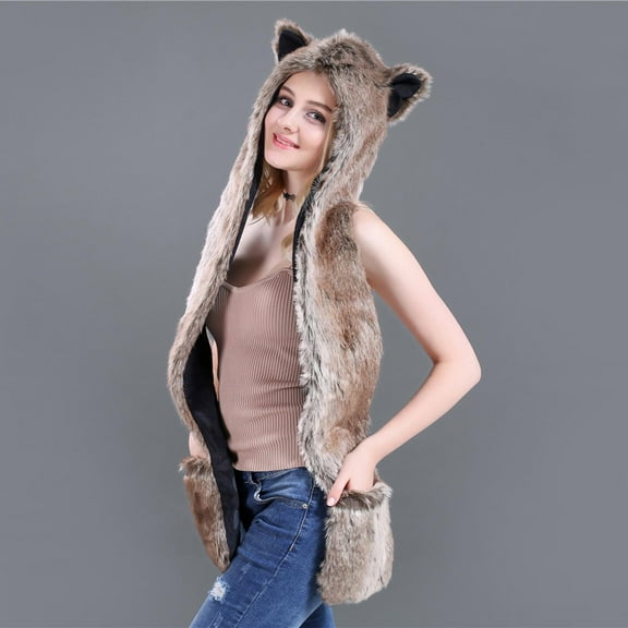 Herrnalise Male Female Faux Animal Hood Cap Mittens Ears Cartoon Hat Gloves Scarf Pocket