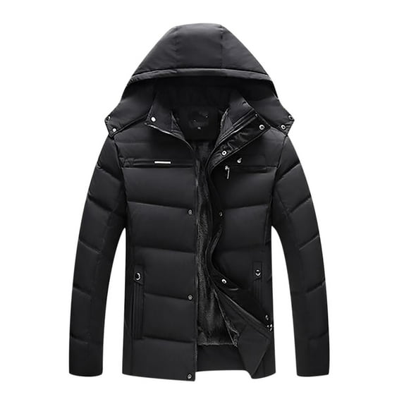 Herrnalise Man'sHooded Water-Resistant Puffer Jacket Autumn And Winter Leisure Thickening Plus Fluff Liner Cotton Jacket Black