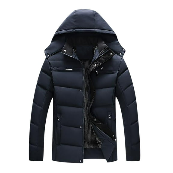 Herrnalise Man'sHooded Water-Resistant Puffer Jacket Autumn And Winter Leisure Thickening Plus Fluff Liner Cotton Jacket Dark Blue