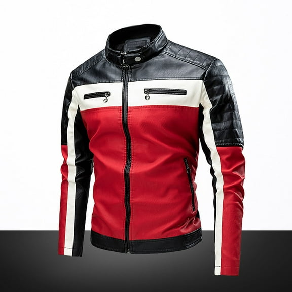 Herrnalise Men Casual Long Sleeve Biker Colorblock Leather Jacket With Stand Collar Zip Red