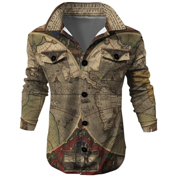 Herrnalise Men Casual Printing Turndown Long Sleeved Button Pocket Outwear Jacket Gray