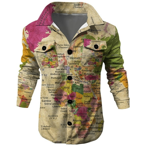 Herrnalise Men Casual Printing Turndown Long Sleeved Button Pocket Outwear Jacket Yellow