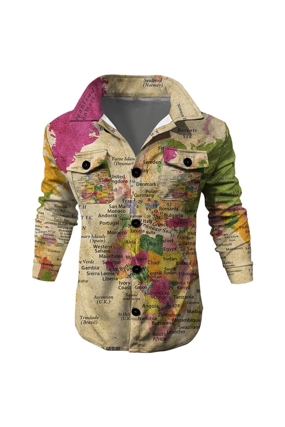 Men Casual Printing Turndown Long Sleeved Button Pocket Outwear Jacket Yellow