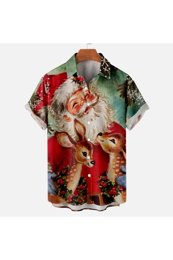 Men Casual Solid Buttons Christmas Santa Claus Print With Pocket Turndown Short Sleeve Shirt Blouse