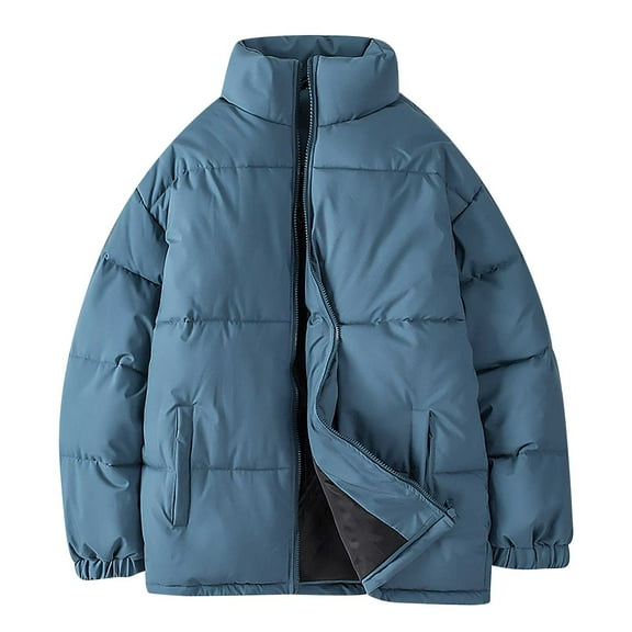 Herrnalise Men Casual Solid Stand Collar Zipper Windproof Keep Warm Long Sleeve Jacket Coats Blue