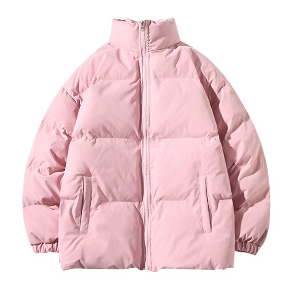 Herrnalise Men Casual Solid Stand Collar Zipper Windproof Keep Warm Long Sleeve Jacket Coats Pink