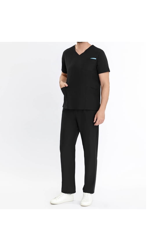 Men Scrubs Set — Stretch Short Sleeve V-Neck Scrub Top & Straight Pant with 4 Pockets, Ideal For Doctors, Nurses, Dentists And Healthcare Professionals Black