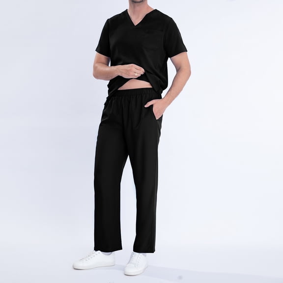 Herrnalise Men Scrubs Set — Stretch Short Sleeve V-Neck Scrub Top & Straight Pant with 4 Pockets, Ideal For Doctors, Nurses, Dentists And Healthcare Professionals Black