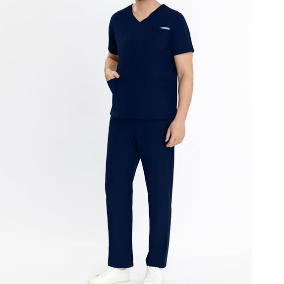 Herrnalise Men Scrubs Set — Stretch Short Sleeve V-Neck Scrub Top & Straight Pant with 4 Pockets, Ideal For Doctors, Nurses, Dentists And Healthcare Professionals Navy