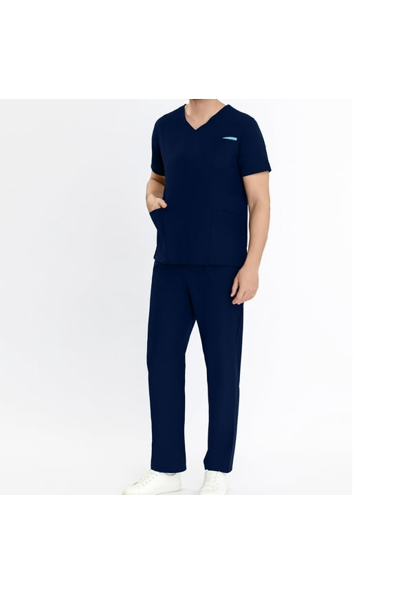 Men Scrubs Set — Stretch Short Sleeve V-Neck Scrub Top & Straight Pant with 4 Pockets, Ideal For Doctors, Nurses, Dentists And Healthcare Professionals Navy