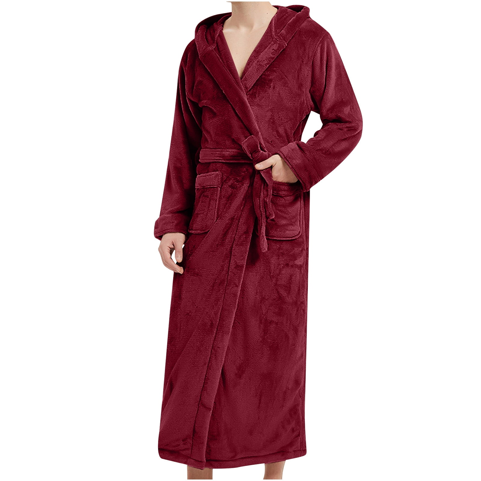 Herrnalise Men Solid Casual Extended Hooded Thickened Flannel Bathrobe