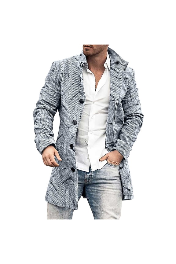 Men Winter Casual Gray Stripe Turndown Keep Warm Single-breasted Windbreaker Coat Gray