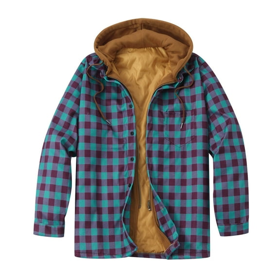 Herrnalise Men Zipper Casual Hooded Fake Two Loose Thicken Lattice Jacket Coats Green