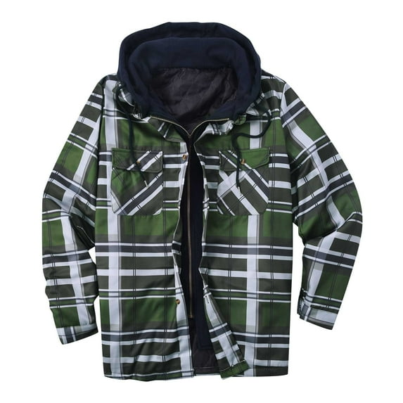 Herrnalise Men Zipper Casual Hooded Fake Two Loose Thicken Lattice Jacket Coats Olive Green