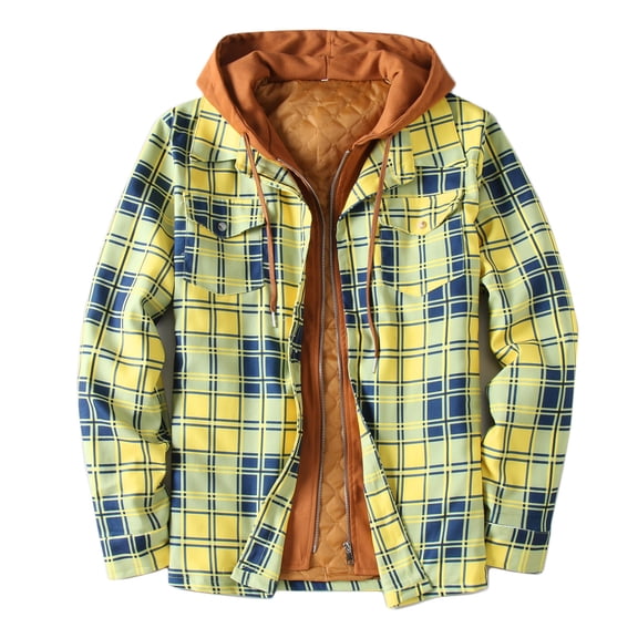 Herrnalise Men Zipper Casual Hooded Fake Two Loose Thicken Lattice Jacket Coats Yellow