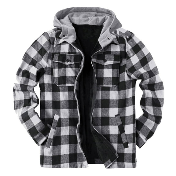 Herrnalise Men Zipper Casual Hooded Fashion Thicken Lattice With Pocket Jacket Coats White
