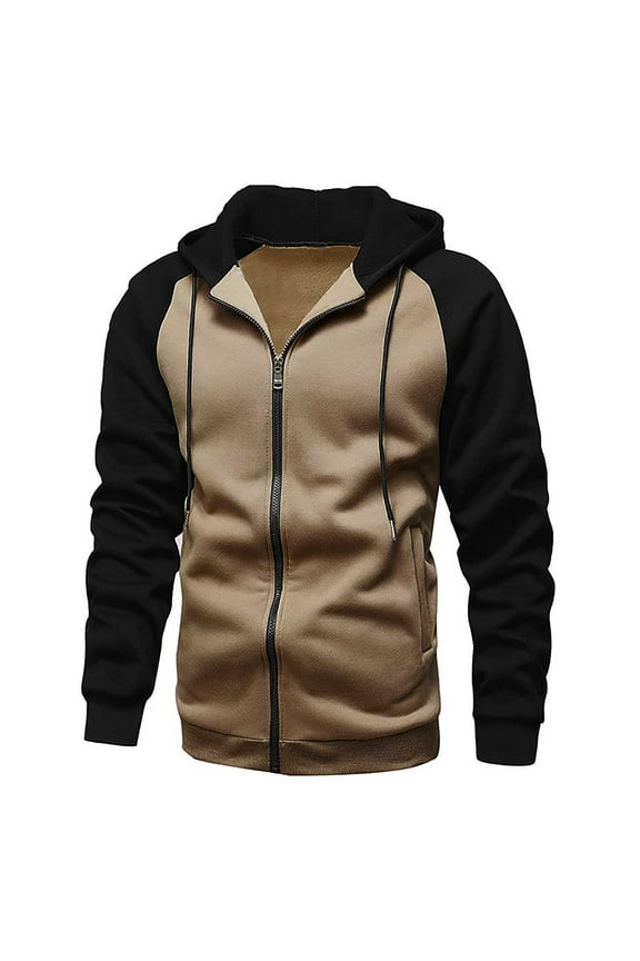 Men Zipper Casual Patchwork Hooded Long Sleeved Brushed Outwear Jacket Khaki