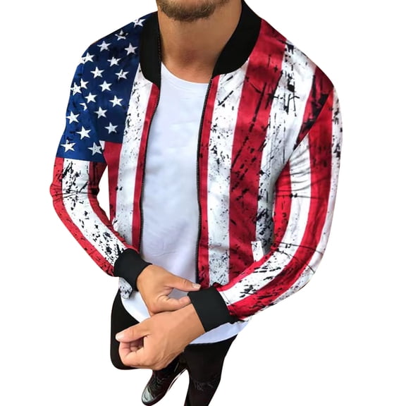 Herrnalise Men Zipper Casual Print Stand Collar With Long Sleeved Outwear Jacket Red