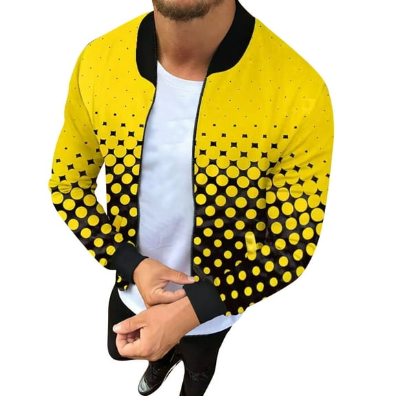 Herrnalise Men Zipper Casual Print Stand Collar With Long Sleeved Outwear Jacket Yellow