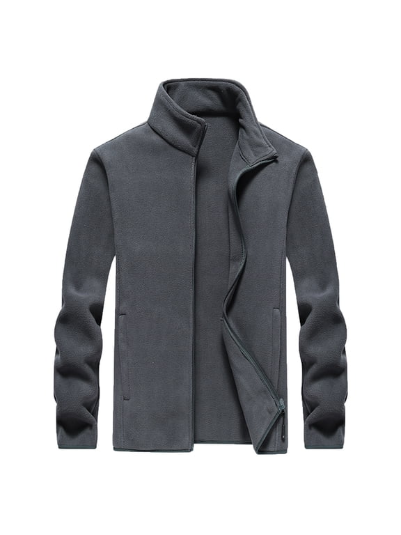 Men's Athleisure Jacket Fleece Zipper Pocket Stand Collar Tops Thermal Sweater Jacket Gray