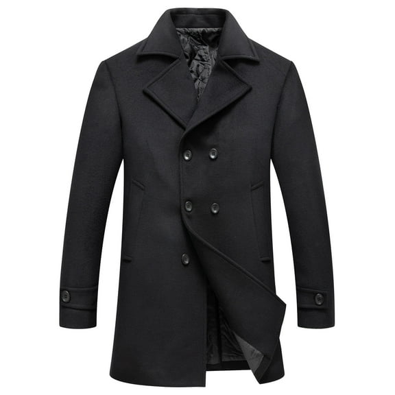 Herrnalise Men's Autumn And Winter Business Woolen Coat Fashion Double Breasted Lapel Mid Length Coat Coat Black