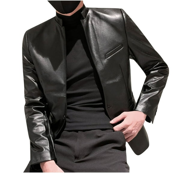 Herrnalise Men's Autumn And Winter New Men's Solid Color Leather Jacket One Button Large Size Slim Suit Men's Suit Jacket Top Black