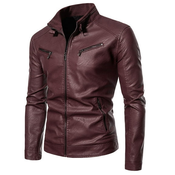 Herrnalise Men's Autumn Winter Long-sleeved Leather Motorcycle Jacket Zipper Coat Long Sleeve Hoodless Faux Leather Outwear & Jackets Burgundy
