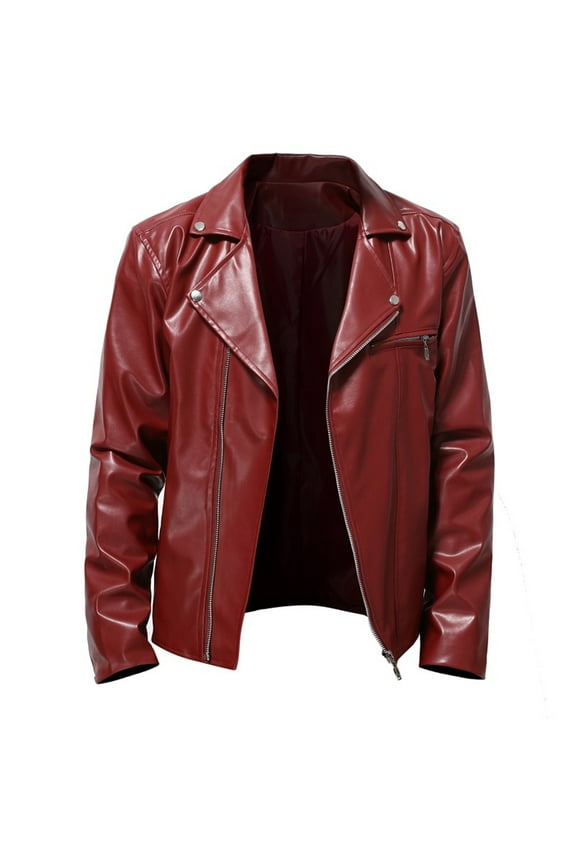 Men's Autumn Winter Long-sleeved Leather Motorcycle Jacket Zipper Coat Long Sleeve Hoodless Faux Leather Outwear & Jackets Red
