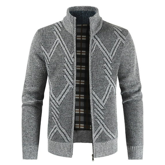 Herrnalise Men's Cardigan Sweater Geometry Casual Stand Collar Coat Solid Color Fashion Keep Warm Sweater Solid Color Gray