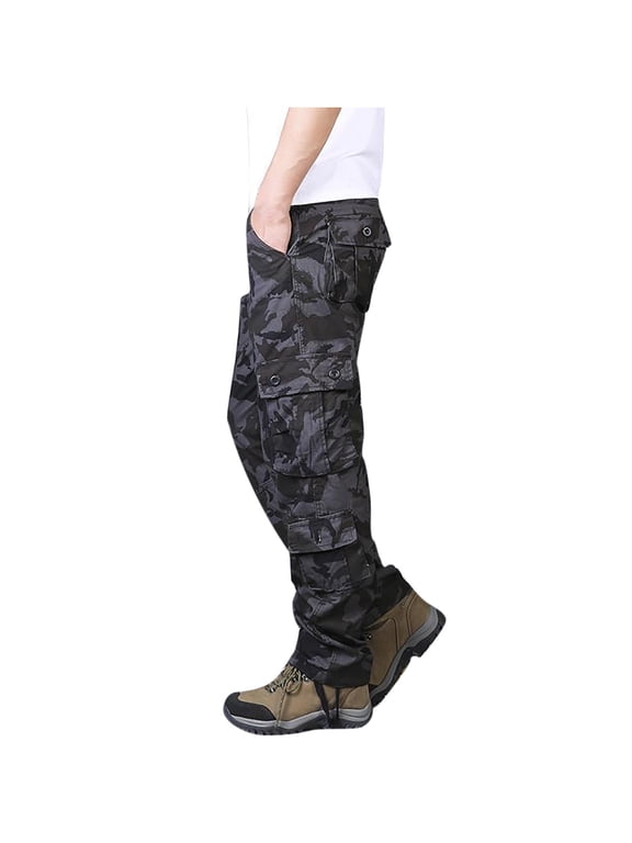Men's Casual Cargo Pants Military Army Camo Pants Combat Work Pants with 8 Pockets For Black,L