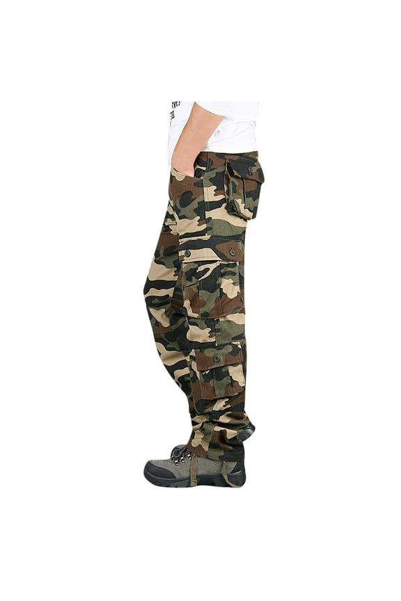 Men's Casual Cargo Pants Military Army Camo Pants Combat Work Pants with 8 Pockets For Khaki,L