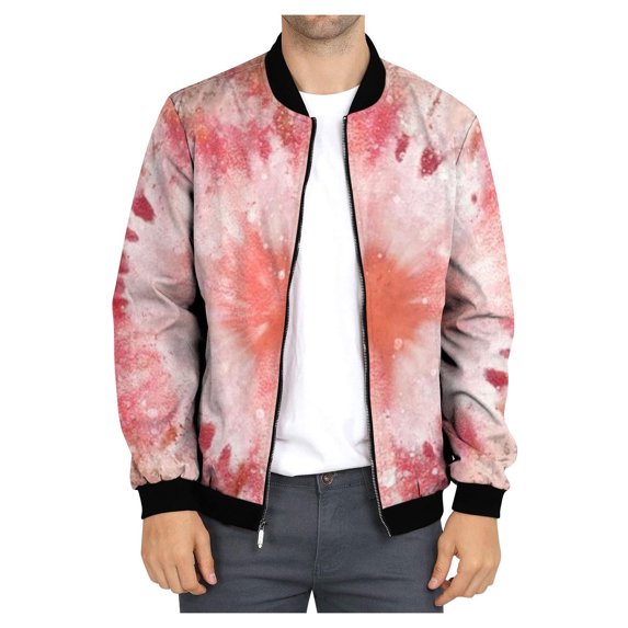 Herrnalise Men's Casual Temperament Fashion Stand Collar Zipper Jacket Printed Long Sleeve Hoodless Casual Jacket Pink
