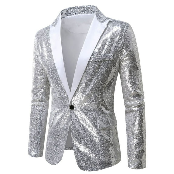 Herrnalise Men's Color Matching Sequin Suit, One Button Dress, Performance Suit, Long Sleeved Lapel Collar Suit Jacket Coat Blazer Silver
