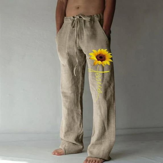 Herrnalise Men's Cotton Linen Pants Casual Graphic Prints Elastic Waist Drawstring Pants Straight Leg Yoga Pants Lightweight Summer Beach Pants For Khaki,XL