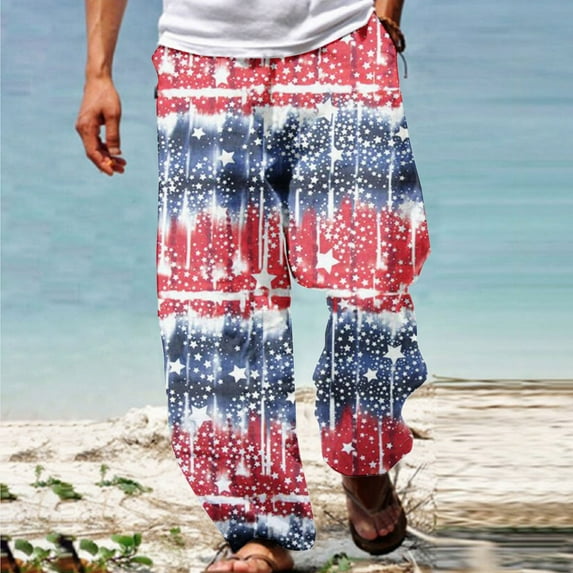 Holloyiver Men's Cotton Linen Pants Summer Casual Fashion Independence Day 3D Printing Elastic Waist Straight Trousers For Red,XL
