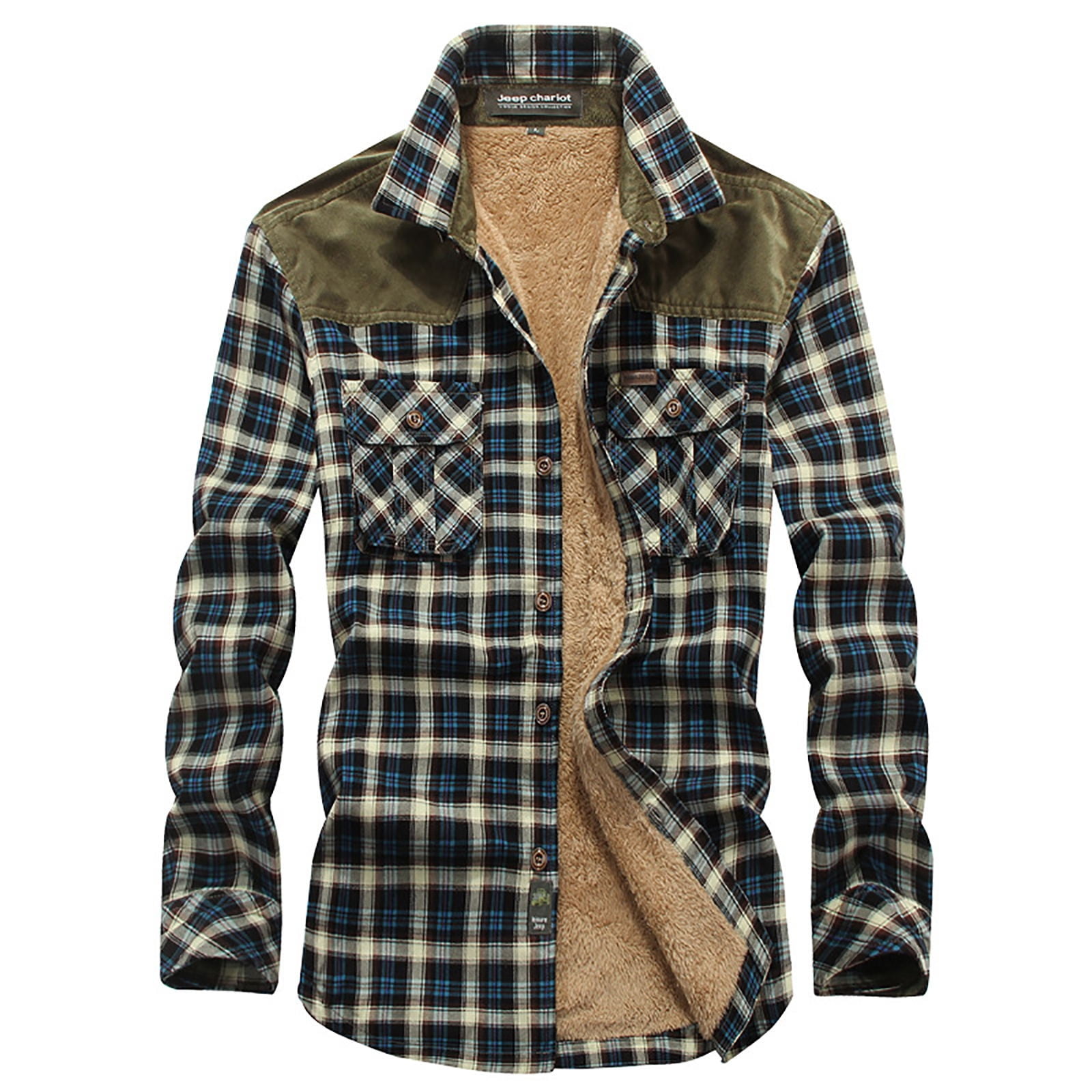 Herrnalise Men s Cotton Plaid Shirts Jacket Autumn And Winter Plus Velvet Plaid Long sleeved Shirt Olive Green