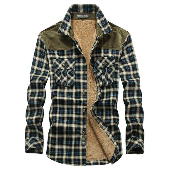 Herrnalise Men's Cotton Plaid Shirts Jacket Autumn And Winter Plus Velvet Plaid Long-sleeved Shirt Olive Green