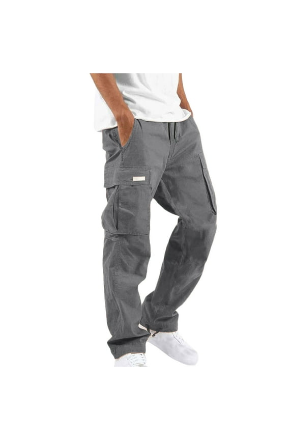 Men's Elastic Waist Cargo Pants,Casual Loose Fit Lightweight Workwear Pull On Pants Dark Gray-L